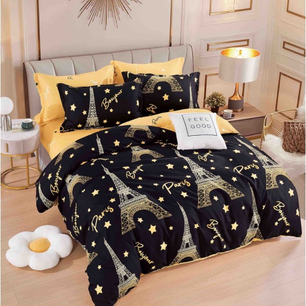 Lenjerie pat dublu,  FINET, 6 piese, cu ELASTIC, Jojo Home, Negru, Turnul Eiffel, Paris, stelute [1]
