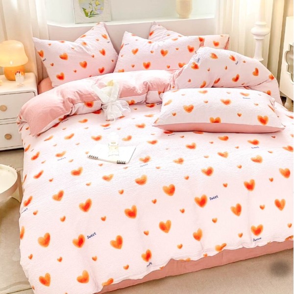 Lenjerie pat 140x200cm,  Soft Touch CREPONAT DELUXE, 4 piese, cu ELASTIC, Somon, inimioare [1]