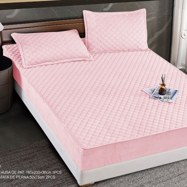 Husă Matlasată Tip Topper din Catifea 160x200cm, cu 2 Fețe de Pernă 50x70cm -  Somn Odihnitor și Susținere pentru Spate, Roz [1]