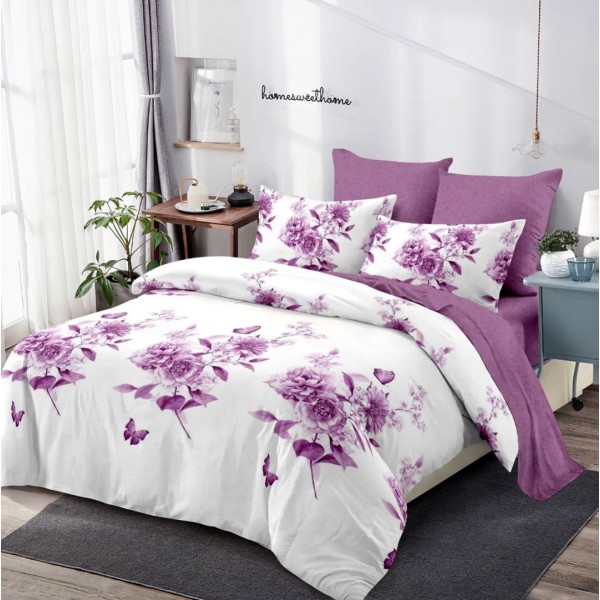Lenjerie pat dublu,  FINET, cu elastic, 6 piese, Lila, fluturi, flori [1]