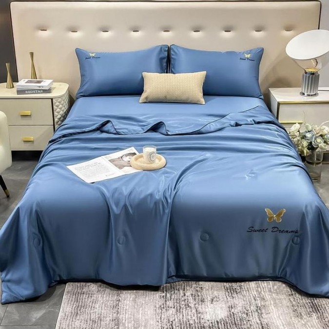 Set luxury cu PILOTA de VARA  din MATASE SATINATA  4 piese  Bleu