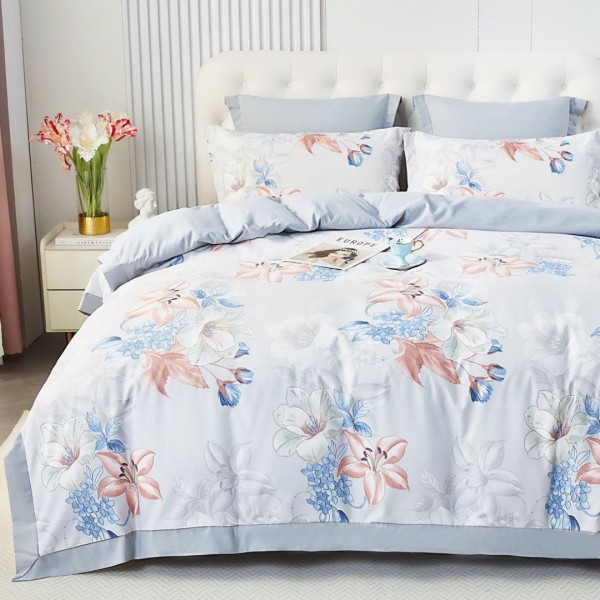 Lenjerie de Pat Dublu, Super Premium,  Finet Ranforsat, 6 Piese, Ambalat în Cutie de Lux, Gri, Bleu, flori [1]