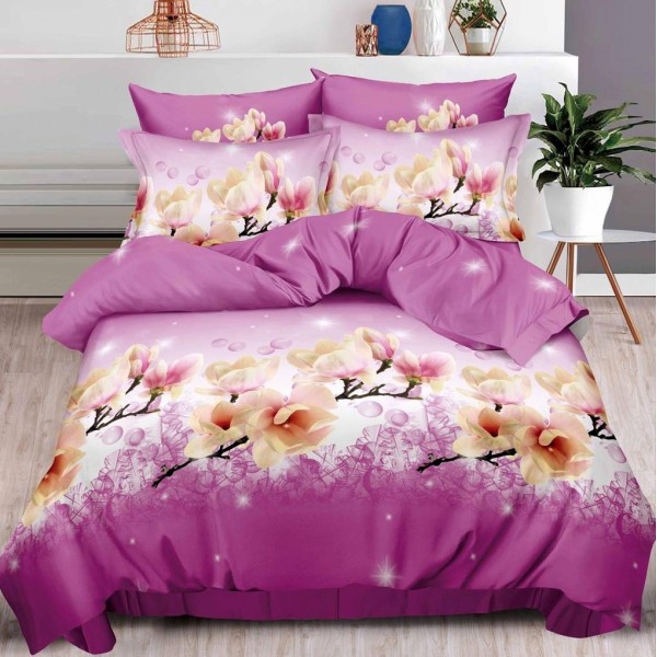 Lenjerie pat dublu, 6 PIESE, IMPRIMEU 3D Multiplicat, Roz, magnolii [1]