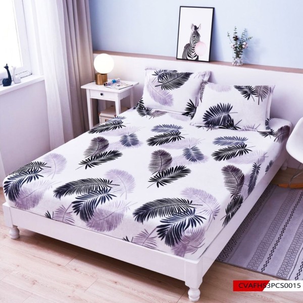 Husa cu elastic 180x200cm, pufoasa cocolino si 2 fete de perna, Alb, Gri, frunze [1]