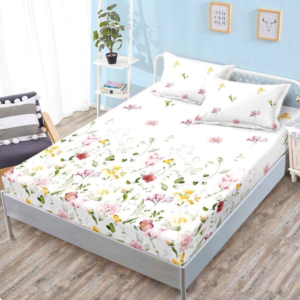 Cearsaf cu elastic, FINET, 160x200cm, 2 fete de perne 50x70cm, Crem, Flori – confort si eleganta pentru patul tau [1]