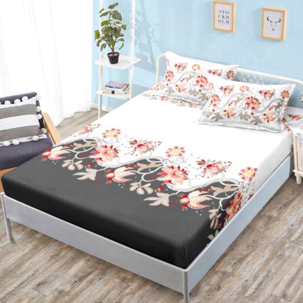 Cearsaf cu elastic, FINET, 160x200cm, 2 fete de perne 50x70cm, Gri, Flori – confort si eleganta pentru patul tau [1]