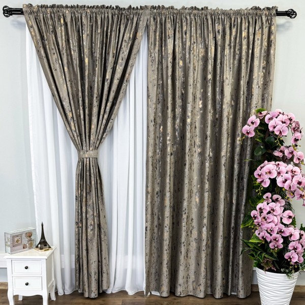 Set 2 Draperii Catifea CRETA cu insertii aurii - 2m latime x 2.50m inaltime x Tiv lat, Grej - YNS33-23 [1]