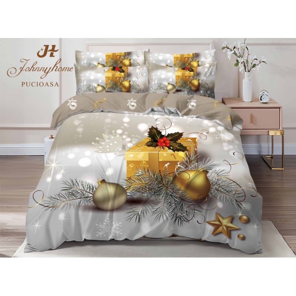 Lenjerie pat dublu,  FINET, Digital Print, Craciun, Gri, Auriu, cadouri [1]