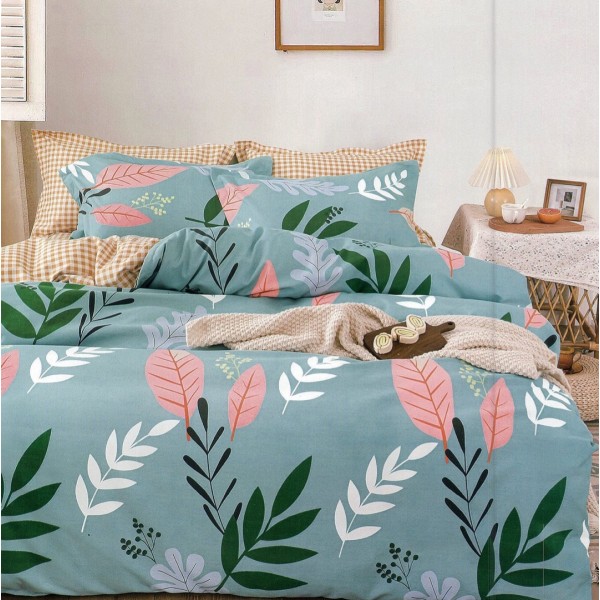 Lenjerie pat dublu,  FINET, 6 piese, Bleu, frunze [1]