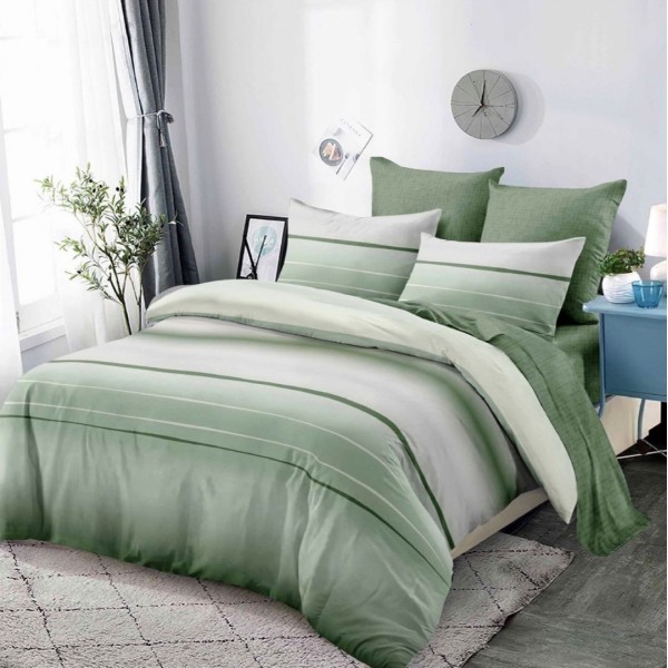 Lenjerie pat dublu,  FINET, cu elastic, 6 piese, Verde, Dungi [1]