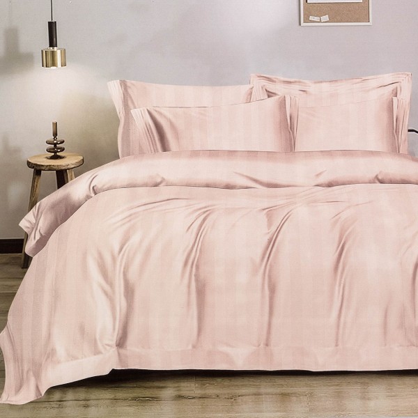 Lenjerie HoReCa DeLuxe, pat dublu, Damasc cu Dunga latã de 3cm, 6 piese, cearșaf cu ELASTIC, Roz pal [1]