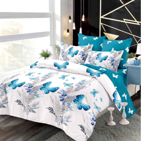 Lenjerie pat dublu,  FINET, cu elastic, 6 piese, Alb, Albastru, Fluturi [1]