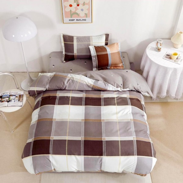 Lenjerie pat 140x200cm,  FINET, 4 piese, cu ELASTIC, Maro, carouri [1]