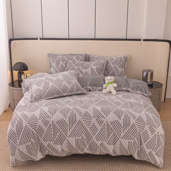 Lenjerie pat dublu, Super Pufoasa COCOLINO,cu ELASTIC, 4 piese, Jojo Home, Gri, model clasic [1]