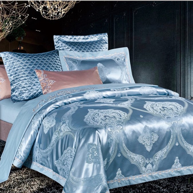 Lenjerie de Pat Dublu  Jacquard Premium Satinat  Set 6 Piese  Calitate Superioară  Luciu Elegant și Confort Desăvârșit  Bleu intens