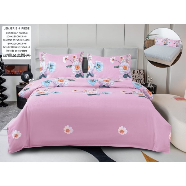 Lenjerie pat dublu, bumbac satinat,  Cearsaf cu ELASTIC 180x200cm, 4 PIESE, Roz, flori [1]