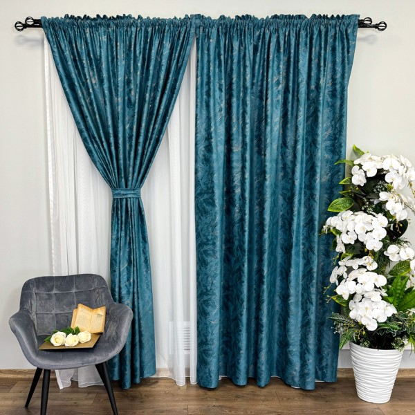 Set 2 bucati Draperie Catifea MYKONOS cu valuri rafinate aurii, Turquoise - V6, 200cm latime x 2.5m inaltime, cu tiv lat [1]