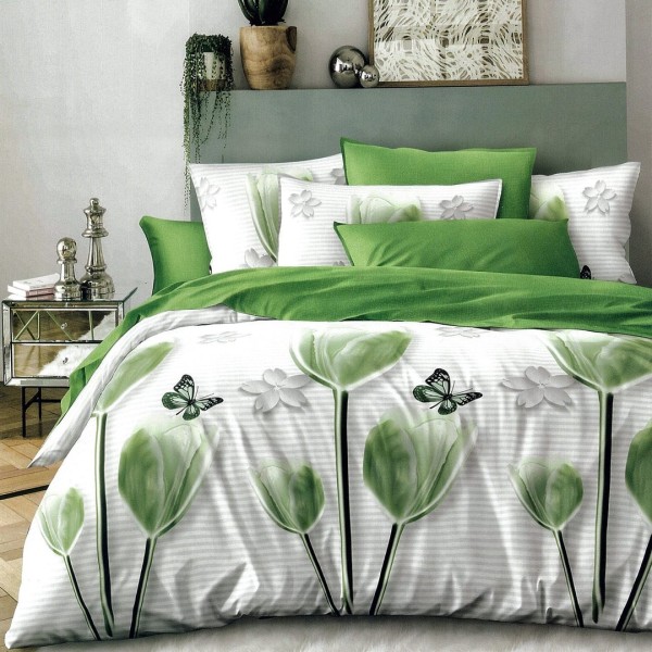 Lenjerie pat dublu,  FINET, 6 piese, Verde, lalele, fluturi [1]