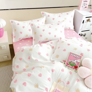 Lenjerie pat dublu (140x200cm, 160x200cm, 180x200cm),  FINET, 6 piese, Alb-Roz, inimioare