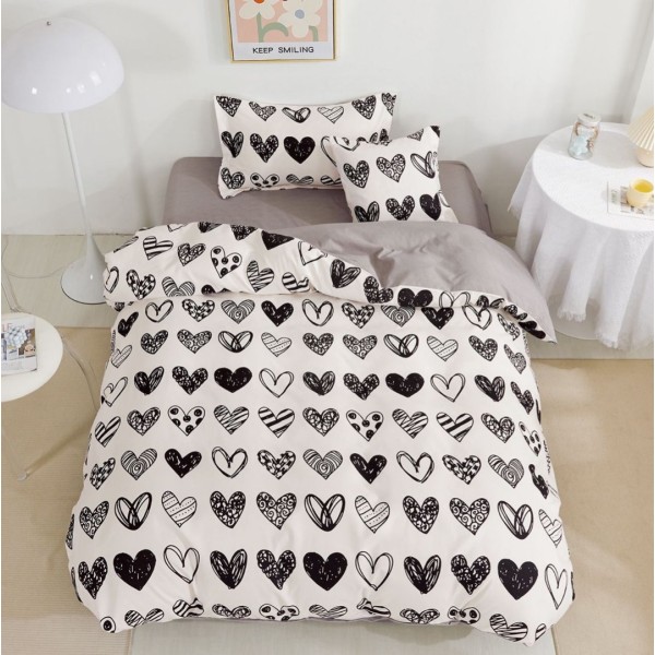 Lenjerie pat 140x200cm,  FINET, 4 piese, cu ELASTIC, Alb-Negru, inimioare [1]