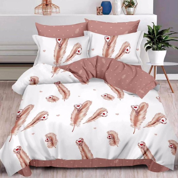 Lenjerie pat dublu (140x200cm, 160x200cm, 180x200cm),  FINET, 6 piese, Maro, pene, inimioare [1]