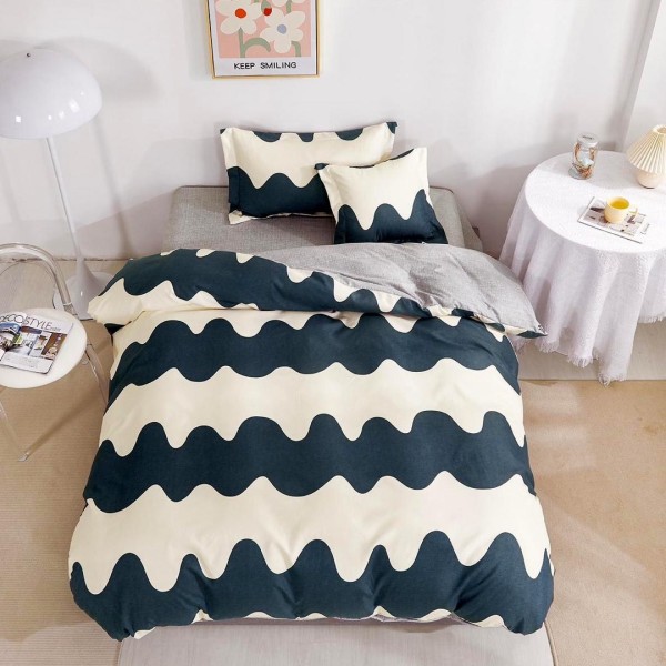 Lenjerie pat 140x200cm,  FINET, 4 piese, cu ELASTIC, Crem-Bleumarin, valuri [1]