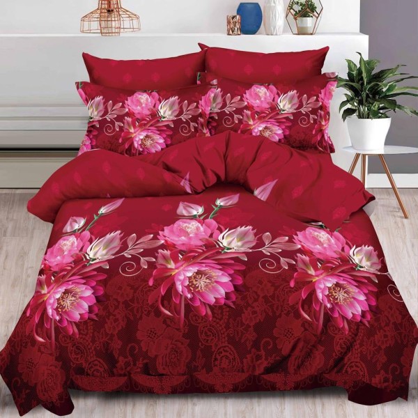 Lenjerie pat dublu, 6 PIESE, IMPRIMEU 3D Multiplicat, Rosu, flori [1]