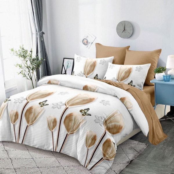 Lenjerie pat dublu,  FINET, cu elastic, 6 piese, Alb, Bej, Lalele, Fluturi [1]