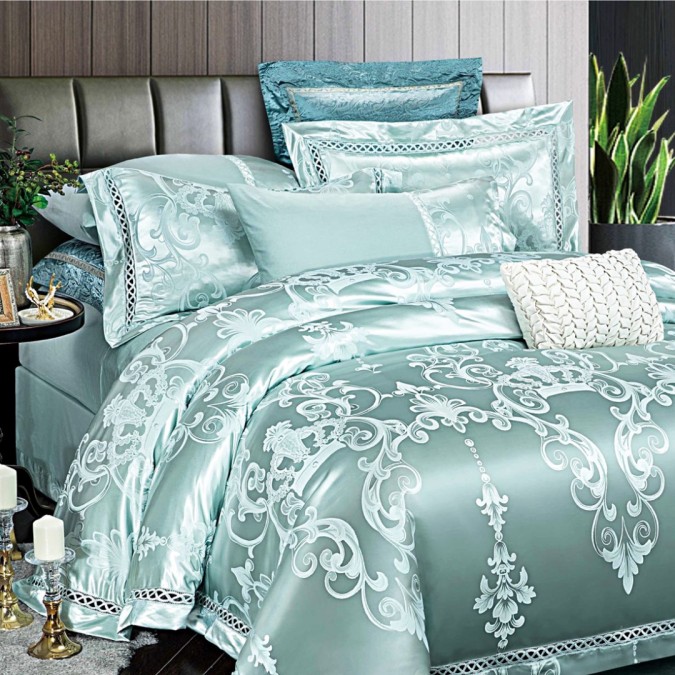 Lenjerie de Pat Dublu, Jacquard Premium Satinat, Set 6 Piese, Calitate Superioară, Luciu Elegant și Confort Desăvârșit, Aqua