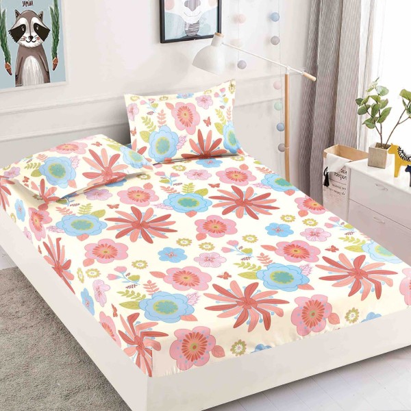 Cearsaf cu elastic, Bumbac FINET, 160/180x200cm, 2 fete de perne 50x70cm, Jojo Home, Roz, flori [1]