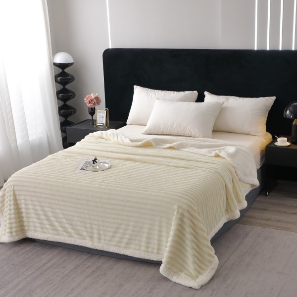 Patura Super Soft Cocolino, model gofrat in dungi, cu blanita Sherpa, 200x230 cm, Crem [1]