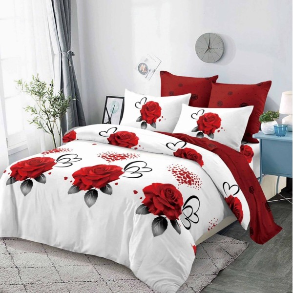 Lenjerie pat dublu,  FINET, cu elastic, 6 piese, Rosu, trandafiri, inimioare [1]