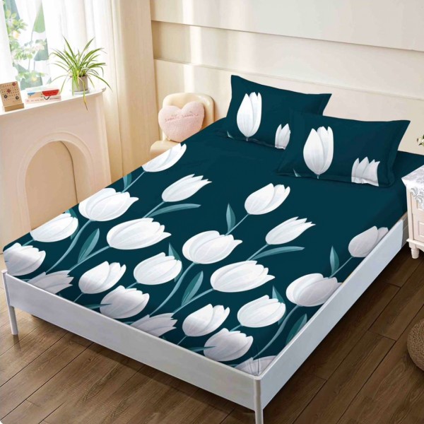 Cearsaf cu elastic, FINET, 160x200cm, 2 fete de perne 50x70cm, Albastru, Alb, Lalele – confort si eleganta pentru patul tau [1]