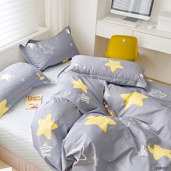 Lenjerie pat dublu, BUMBAC 100% Percal, cu Elastic, 4 piese, Gri, Galben, Stelute [1]