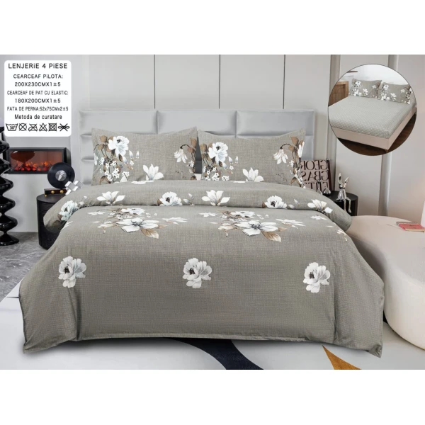Lenjerie pat dublu, bumbac satinat,  Cearsaf cu ELASTIC 180x200cm, 4 PIESE, Grej, flori [1]
