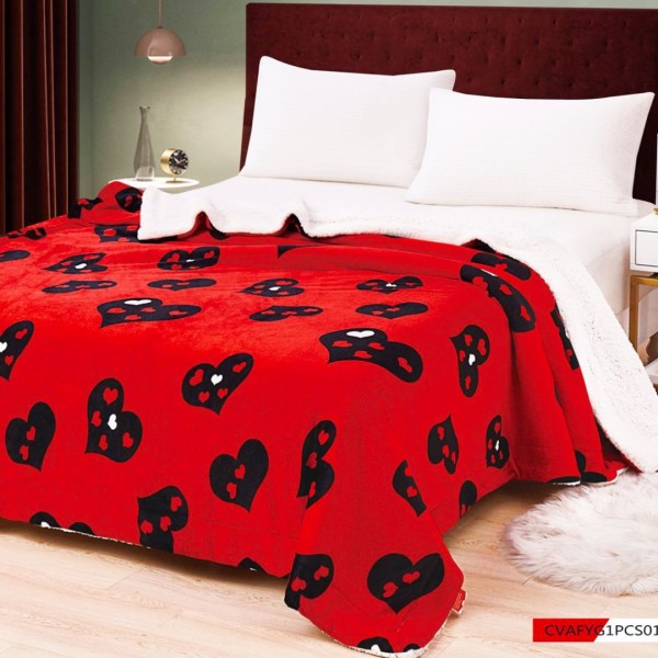 Patura Luxoasa Cocolino din Microfibra Ultra-Moale, cu Blanita Sherpa, 200x230 cm - Confort Maxim si Design Elegant pentru Nopti Perfecte, Rosu, Negru, Inimioare [1]
