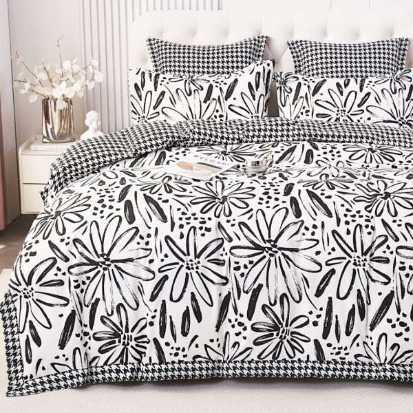 Lenjerie de Pat Dublu, Super Premium,  Finet Ranforsat, 6 Piese, Ambalat în Cutie de Lux, Alb, Negru, flori [1]