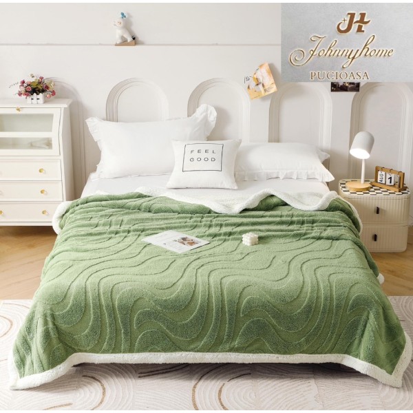 Pătură Super Soft Cocolino cu Blăniță, 200x230 cm – Eleganță și Căldură cu Model 3D în Relief, Valuri Elegante, Verde [1]