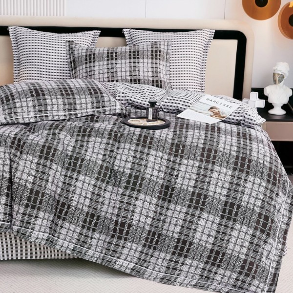 Lenjerie de Pat Dublu, Super Premium,  Finet Ranforsat, 6 Piese, Ambalat în Cutie de Lux, Gri, carouri [1]