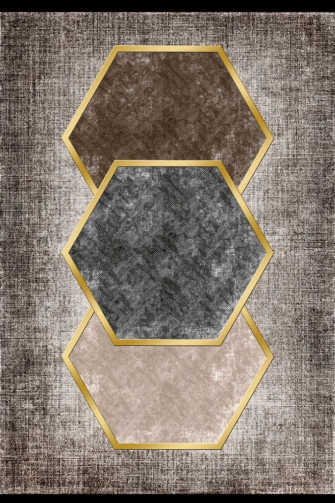 Covor Antiderapant, Design Hexagon, 180x280cm, Maro/Gri/Auriu