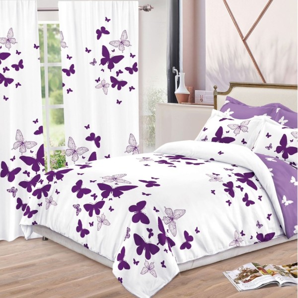 Set Lenjerie pat dublu (140x200cm, 160x200cm, 180x200cm) + 2 draperii, finet, 8 piese, Alb, Mov, fluturi [1]