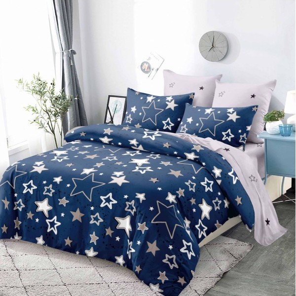 Lenjerie pat dublu,  FINET, cu elastic, 6 piese, Albastru, stelute [1]
