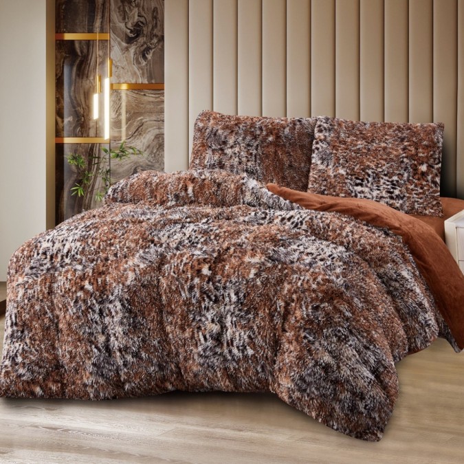 Lenjerie Cocolino Fluffy Super Pufoasă  Set 4 Piese  Pat Dublu  Cearșaf cu elastic – Căldură și Confort Premium  Ideală pentru Nopți Friguroase  Maro  animal print