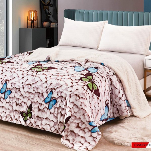 Patura Luxoasa Cocolino din Microfibra Ultra-Moale, cu Blanita Sherpa, 200x230 cm - Confort Maxim si Design Elegant pentru Nopti Perfecte, Gri, Fluturi [1]