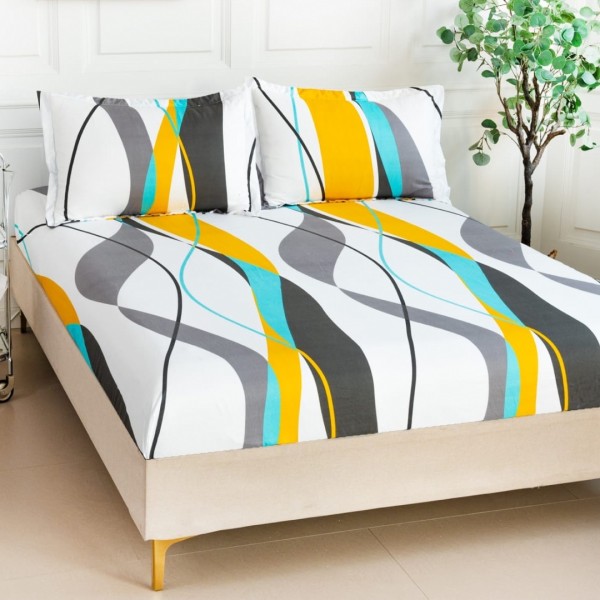 Cearsaf cu elastic, Bumbac Satinat, 160/180x200cm, 2 fete de perne 50x70cm, Gri-Galben, abstract [1]