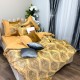 Set Luxury:  Lenjerie de Pat dublu, din Catifea Royală Velvetto, 6 piese si Draperie cu inele încastrate, 2buc x 150x245cm, cu Șnur Magnetic și Față de Pernă Decorativă, Galben, Gri