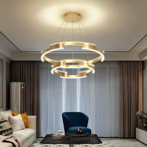 Lustra LED Tip Pendul RFAN, Model R9145/600+400, Cu Telecomanda, 3 Tipuri De Lumina, Inaltime Reglabila, 85W, Auriu [1]