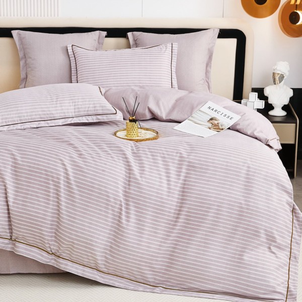 Lenjerie de Pat Dublu, Super Premium,  Finet Ranforsat, 6 Piese, Ambalat în Cutie de Lux, Lila, Alb, dungi [1]
