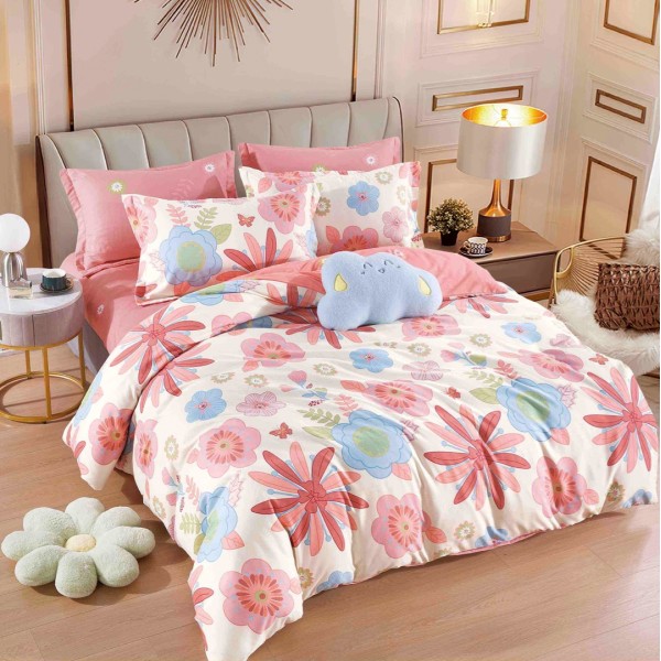 Lenjerie pat dublu,  FINET, 6 piese, Jojo Home, Roz, flori [1]