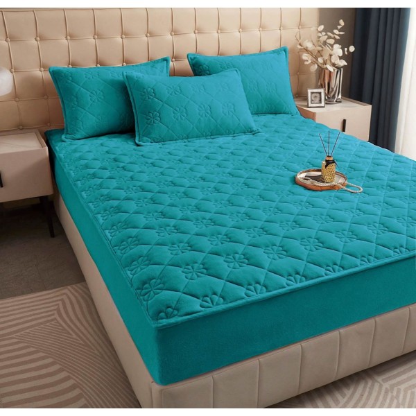 Husã matlasatã tip topper din catifea, 160x200cm + 2 fete de perna 50x70cm, turquoise [1]